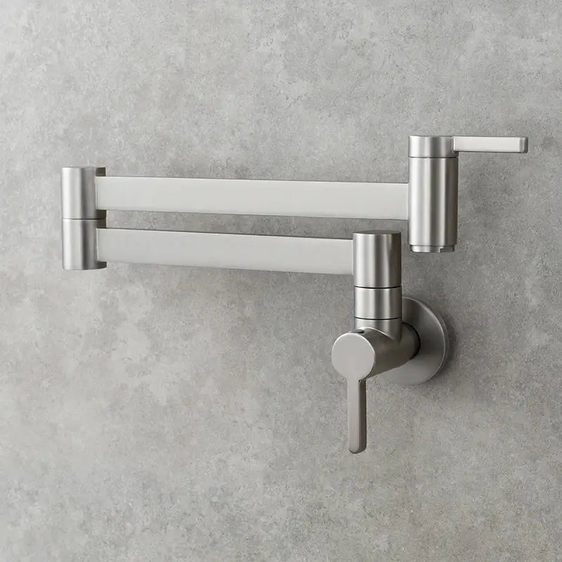 Brass wall mounted pot filler kitchen faucet with stainless steel extendable gooseneck and dual handles for kitchen use