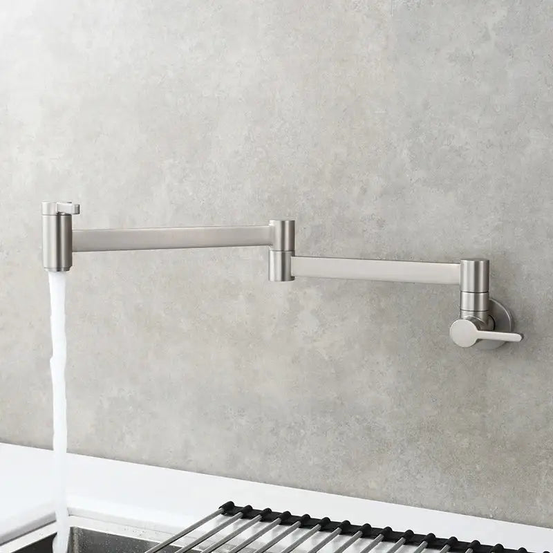 Brass wall mounted pot filler kitchen faucet with stainless steel gooseneck and adjustable arms for modern kitchens