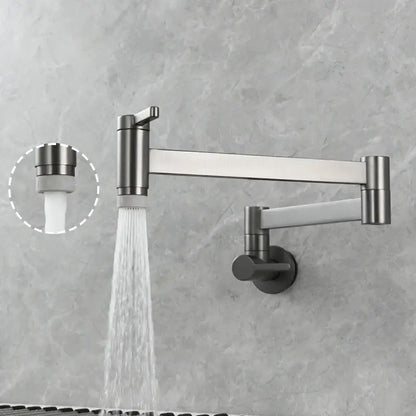 Brass wall mounted pot filler kitchen faucet with matte black extendable articulated gooseneck and adjustable spray nozzle