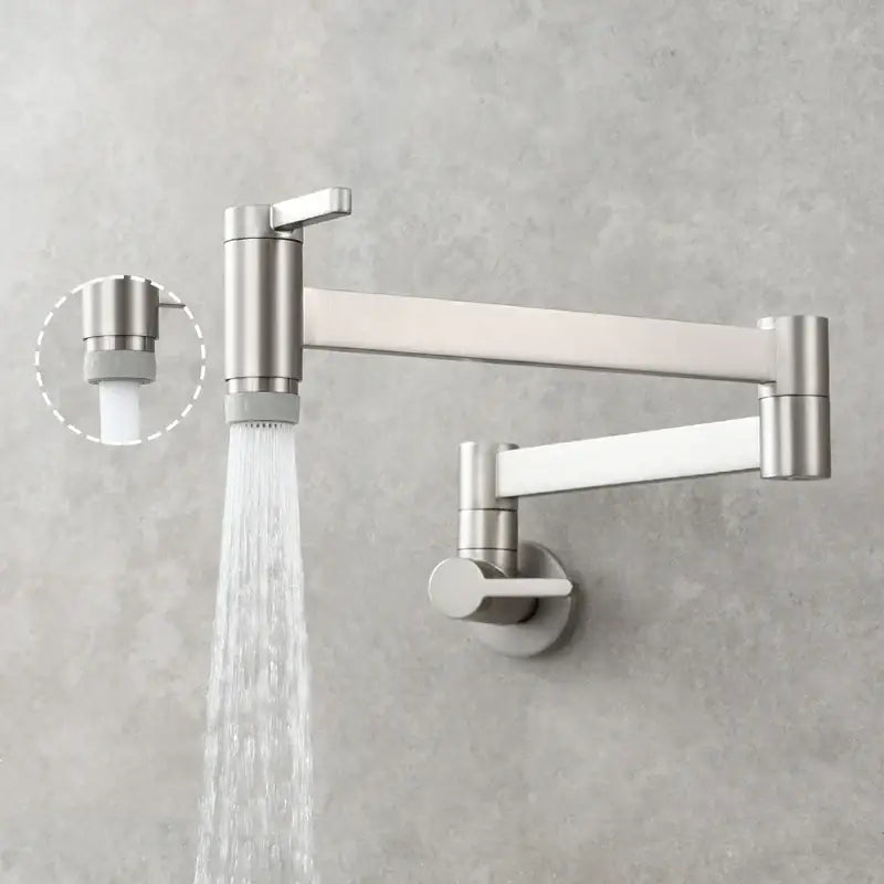 Modern brass wall mounted pot filler kitchen faucet with brushed stainless steel finish and articulated gooseneck arm