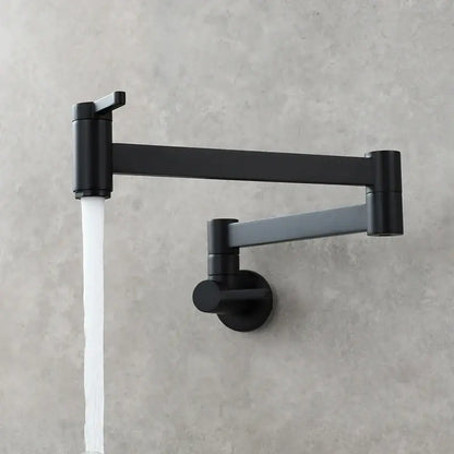 Black matte-finish brass wall mounted pot filler kitchen faucet with articulated gooseneck and sleek modern design