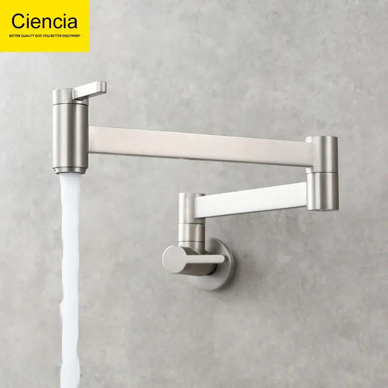 Stainless steel articulated kitchen faucet with dual handles for hot and cold water in brass wall mounted pot filler design