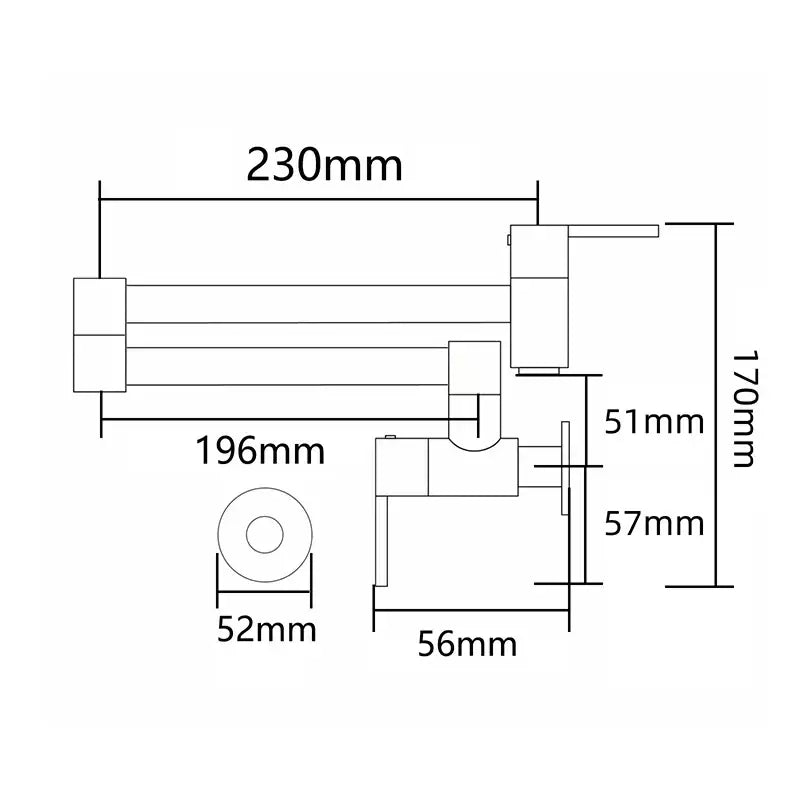 White brass wall mounted pot filler kitchen faucet with articulated gooseneck and precise engineering dimensions