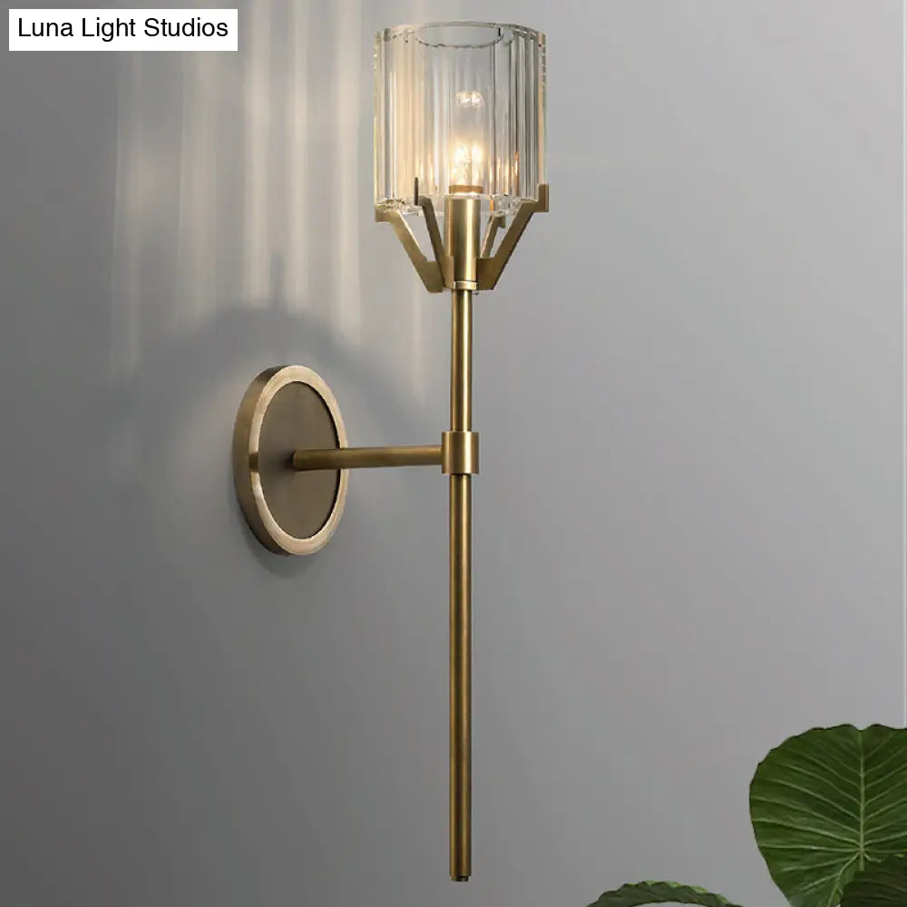 DecorBites™ Brass Wall Sconce with Clear Crystal Block Cylinder and Pencil Arm