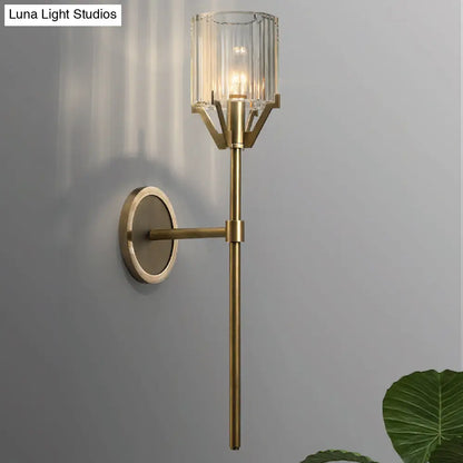 DecorBites™ Brass Wall Sconce with Clear Crystal Block Cylinder and Pencil Arm
