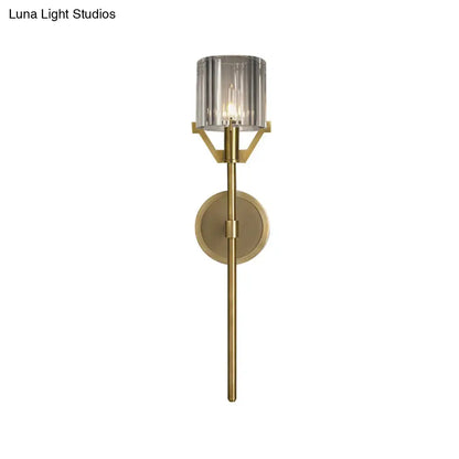 DecorBites™ Brass Wall Sconce with Clear Crystal Block Cylinder and Pencil Arm