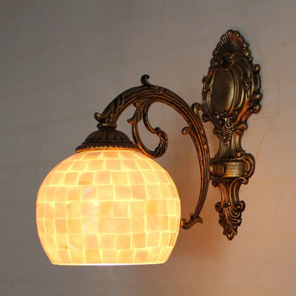 Brass Wall Sconce with Tiffany Mosaic Shell Shade - Bedroom Lighting