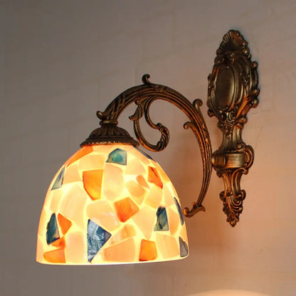 Brass Wall Sconce with Tiffany Mosaic Shell Shade - Bedroom Lighting