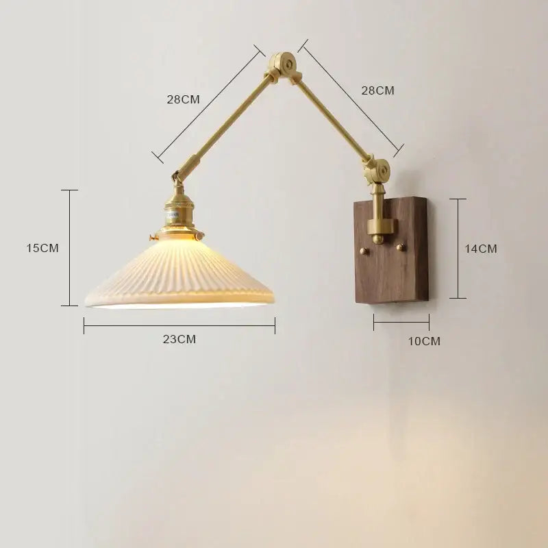 Adjustable brass wall sconce with ribbed off-white glass shade and wooden mounting plate featuring copper swing arm led design