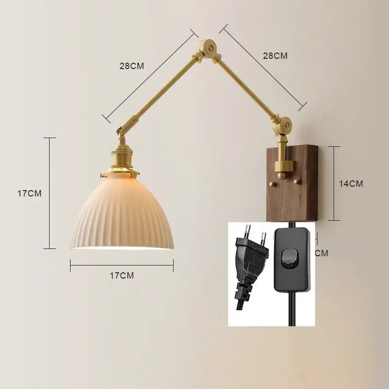 Brass and walnut copper swing arm led wall sconce with cream ribbed glass shade and wooden mounting plate for bedroom lighting