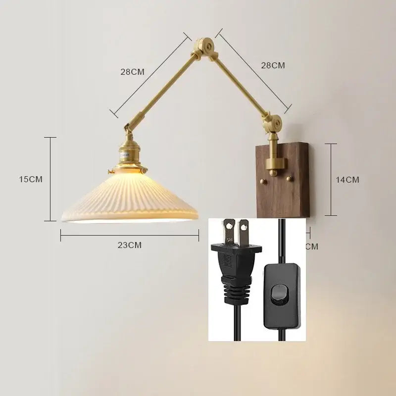 Brass and walnut copper swing arm led wall sconce with ribbed off-white glass shade and adjustable brass finish