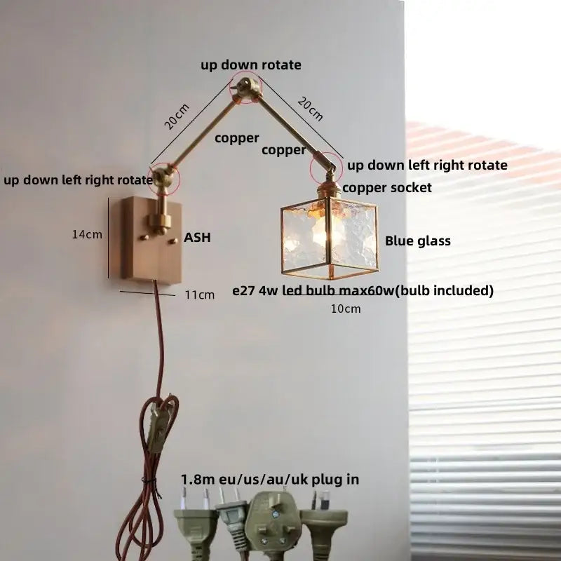 Adjustable copper led wall lamp with a blue glass cube shade and rotatable brass walnut design for hallway lighting