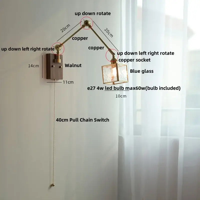 Adjustable brass walnut led wall lamp with rotatable blue glass shade and walnut-finished mounting plate wall lamp