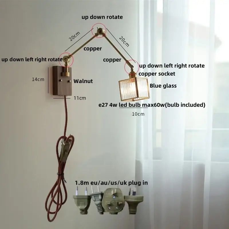 Adjustable copper wall lamp with blue glass shade and walnut-finished base led wall lamp rotatable for hallway use