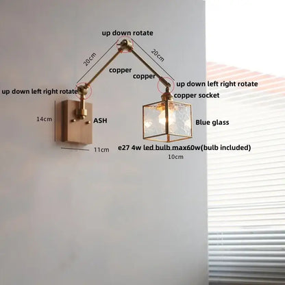 Adjustable copper led wall lamp rotatable with blue glass cube shade for hallway lighting