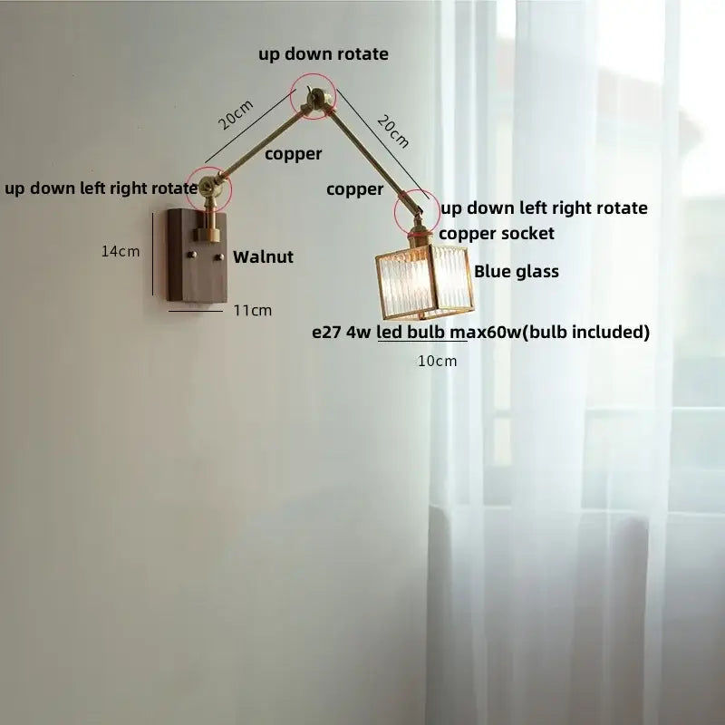 Adjustable copper-arm wall lamp with walnut-finished base and blue glass shade led wall lamp rotatable design