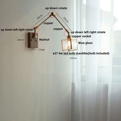 Adjustable copper led wall lamp with blue glass shade and walnut-finished mounting plate for hallway use