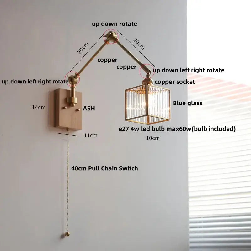 Copper-finished adjustable led wall lamp with blue glass cube shade and 4w bulb, rotatable for hallway lighting