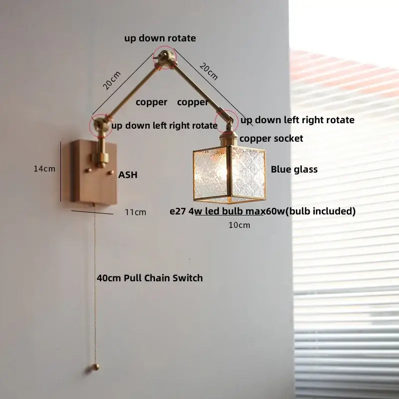 Brass walnut led wall lamp with copper finish and blue-tinted rotatable glass shade for hallway lighting