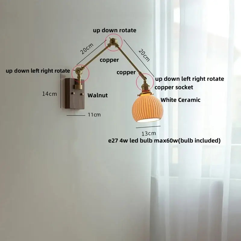 Adjustable copper wall light with white ceramic ball brass lampshade for bedroom decorbites ceramic ball decor
