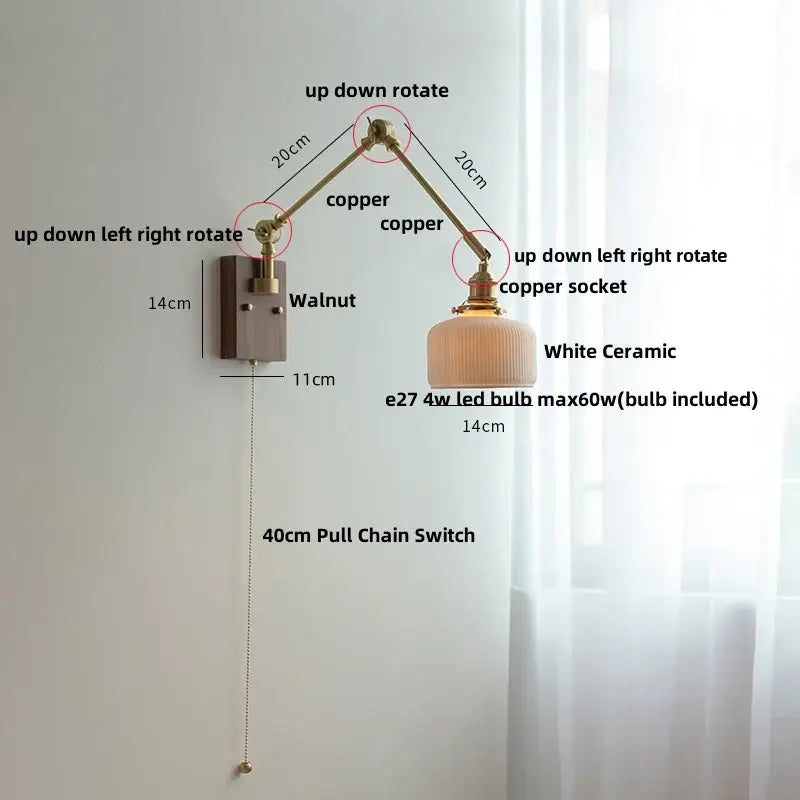 Adjustable copper wall light with white ceramic ball brass shade and 40cm pull chain switch for bedroom decorbites ceramic ball
