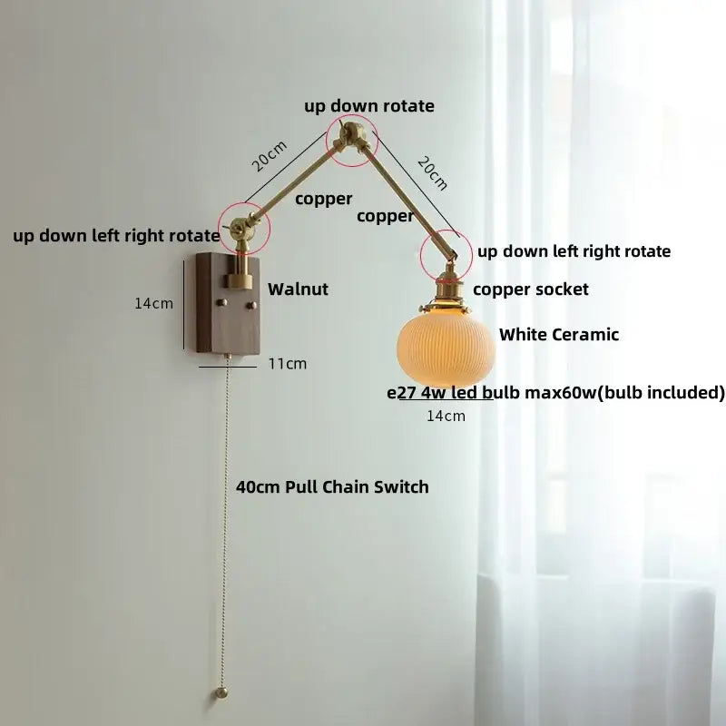 Adjustable copper wall light with white ceramic ball brass globe and walnut finished mounting plate for bedroom decorbites ceramic ball