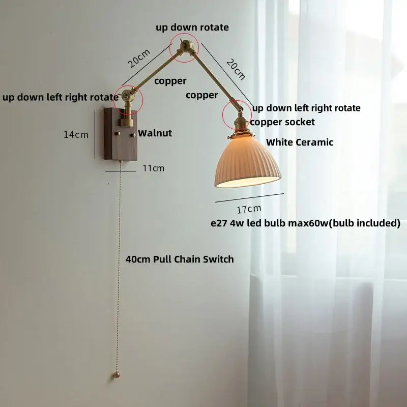 Adjustable copper wall light with white ceramic ball brass lampshade for bedroom decorbites ceramic ball brass design