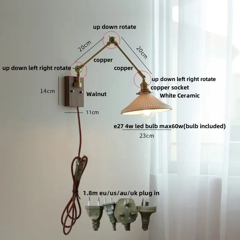 Adjustable copper wall light with white ceramic ball shade combining brass walnut decorbites ceramic ball design