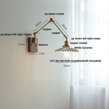 Adjustable copper-arm wall light with white ceramic ball shade for bedroom decorbites ceramic ball brass design