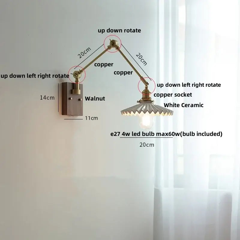 Adjustable copper-arm wall light with white ceramic ball shade for bedroom decorbites ceramic ball brass design