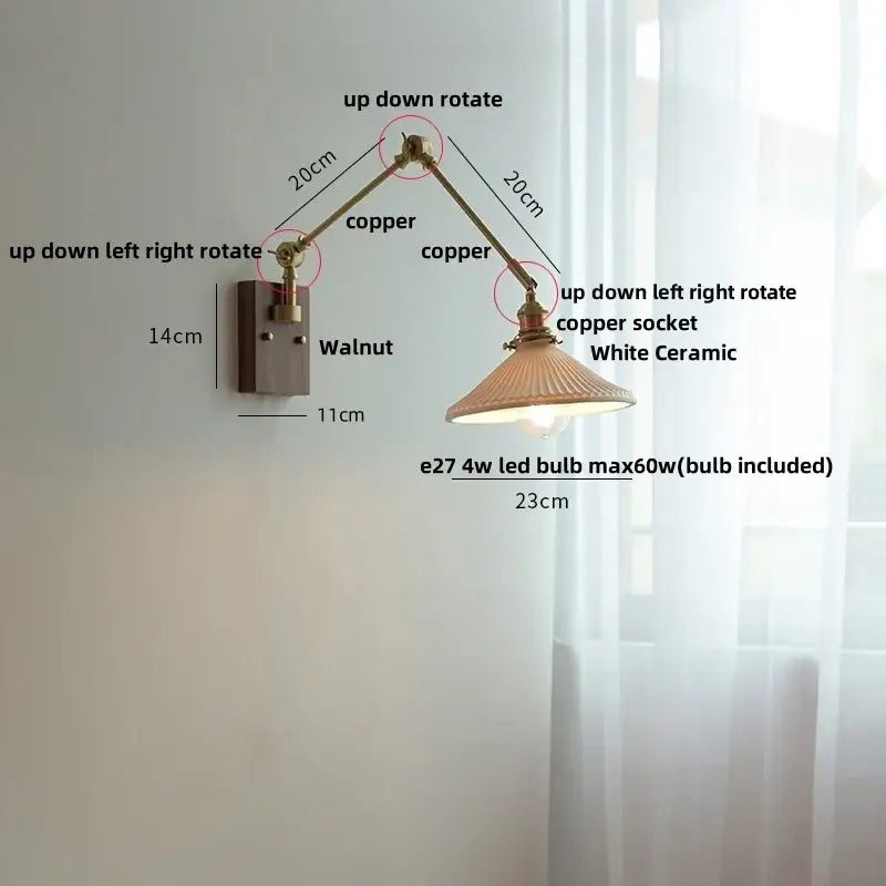 Adjustable copper wall light with white ceramic ball shade designed for bedroom decorbites ceramic ball brass fixture