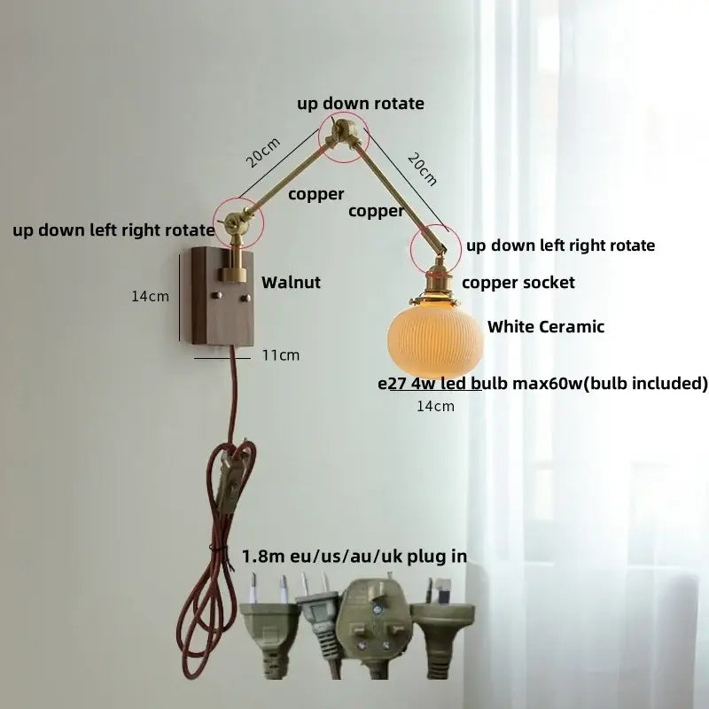 Adjustable copper wall light with white ceramic ball brass globe ideal for bedroom decorbites ceramic ball lighting