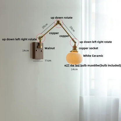 Adjustable copper-arm wall light with decorbites ceramic ball globe shade for elegant bedroom lighting decor