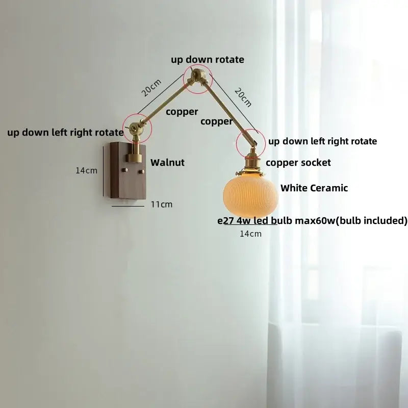 Adjustable copper-arm wall light with decorbites ceramic ball globe shade for elegant bedroom lighting decor