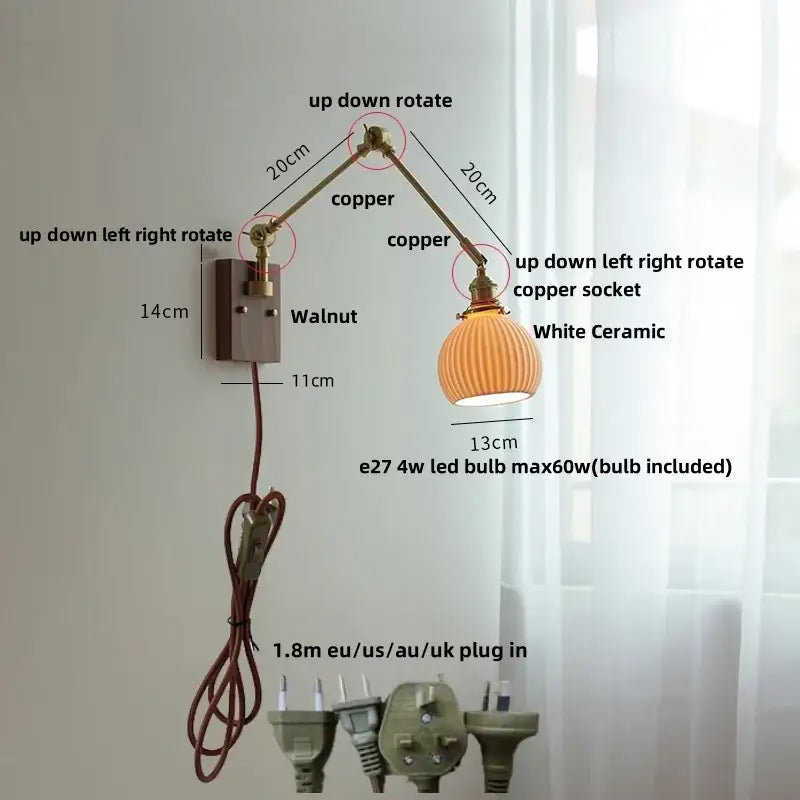 Adjustable copper wall light with white ceramic ball shade ideal for bedroom decorbites ceramic ball brass design