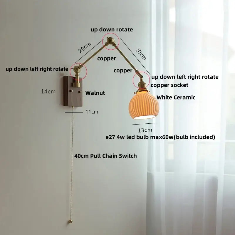 Adjustable copper wall light with white ceramic ball brass lampshade ideal for bedroom decorbites ceramic ball design