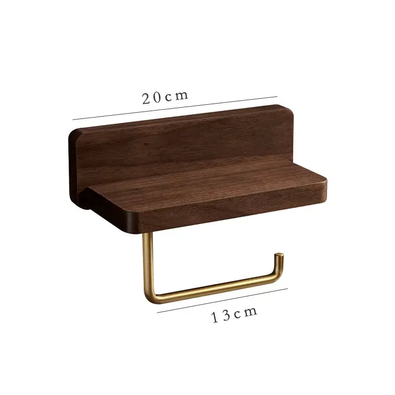 Dark wood and brass toilet roll holder stand with small shelf for bathroom storage and organization