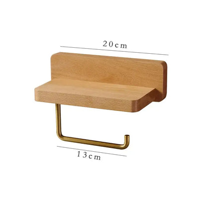 Minimalist wood toilet roll holder stand with brass-colored metal hook and shelf for bathroom use