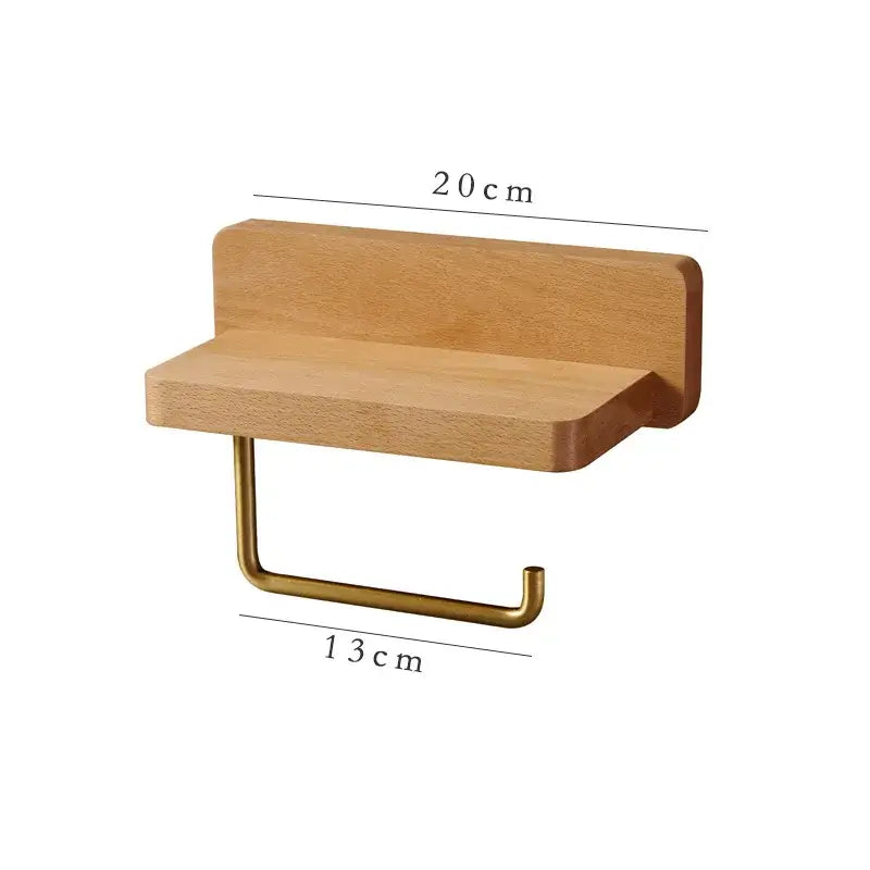 Minimalist wood toilet roll holder stand with brass-colored metal hook and shelf for bathroom use