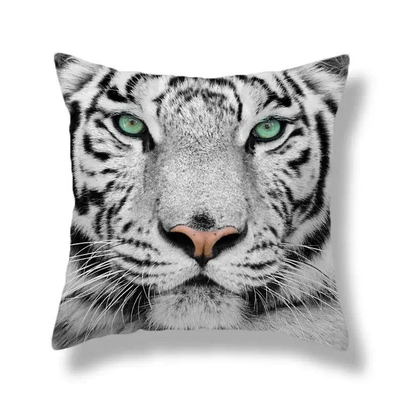 Square throw pillow with brave tiger pattern print of white tiger with green eyes on soft fabric for living room decor