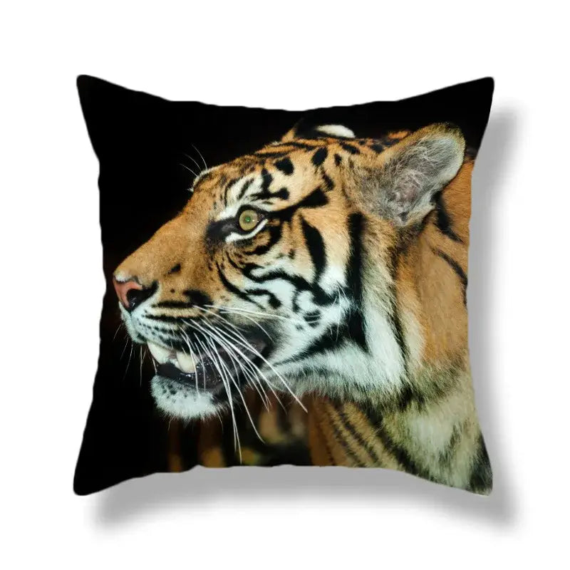 Black throw pillow featuring a brave tiger pattern print with detailed orange and black stripes for living room decor