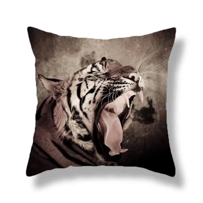 Square throw pillow with sepia brave tiger pattern print showing a mid-yawn tiger for living room decor nine pack