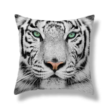 Square throw pillow with brave tiger pattern print featuring a white tiger with green eyes on soft fabric for living room decor