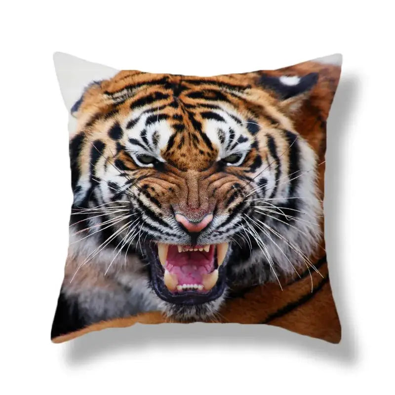 A square throw pillow with a vivid brave tiger pattern print in orange and black for living room decor nine pack