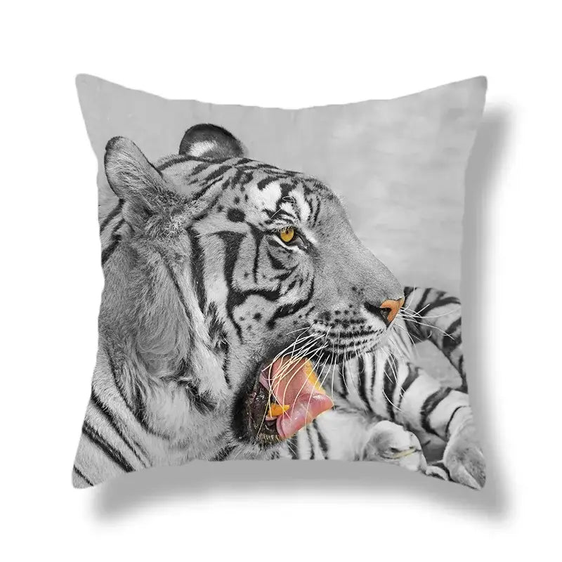 A square throw pillow with a brave tiger pattern print of a white tiger with yellow eyes on gray background