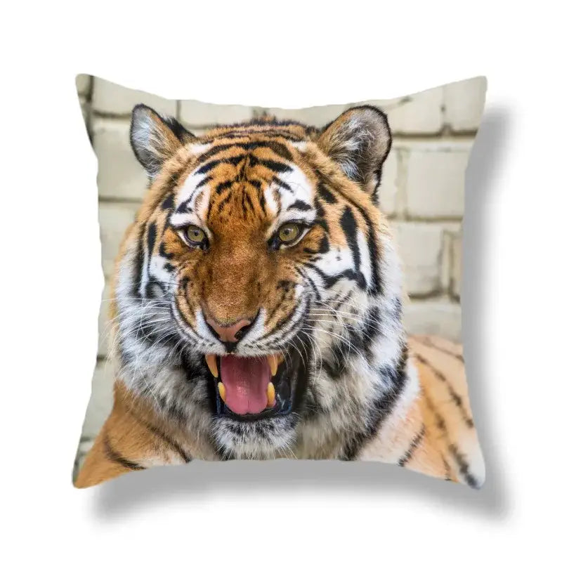 Square cushion cover featuring an orange and black brave tiger pattern print for living room decor
