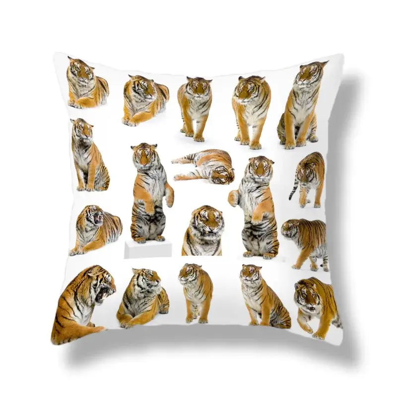 White throw pillow with a brave tiger pattern print collage in orange and black stripes for living room decor