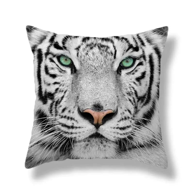 Square throw pillow with brave tiger pattern print featuring a close-up white tiger and vivid green eyes on soft fabric