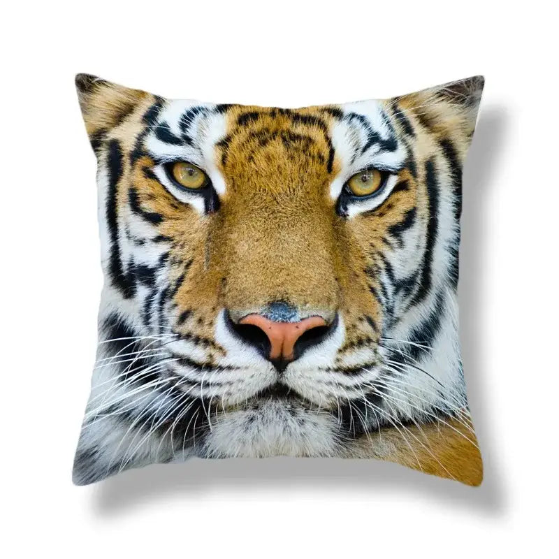 Square throw pillow with brave tiger pattern print featuring detailed orange black stripes and piercing yellow eyes for living room decor