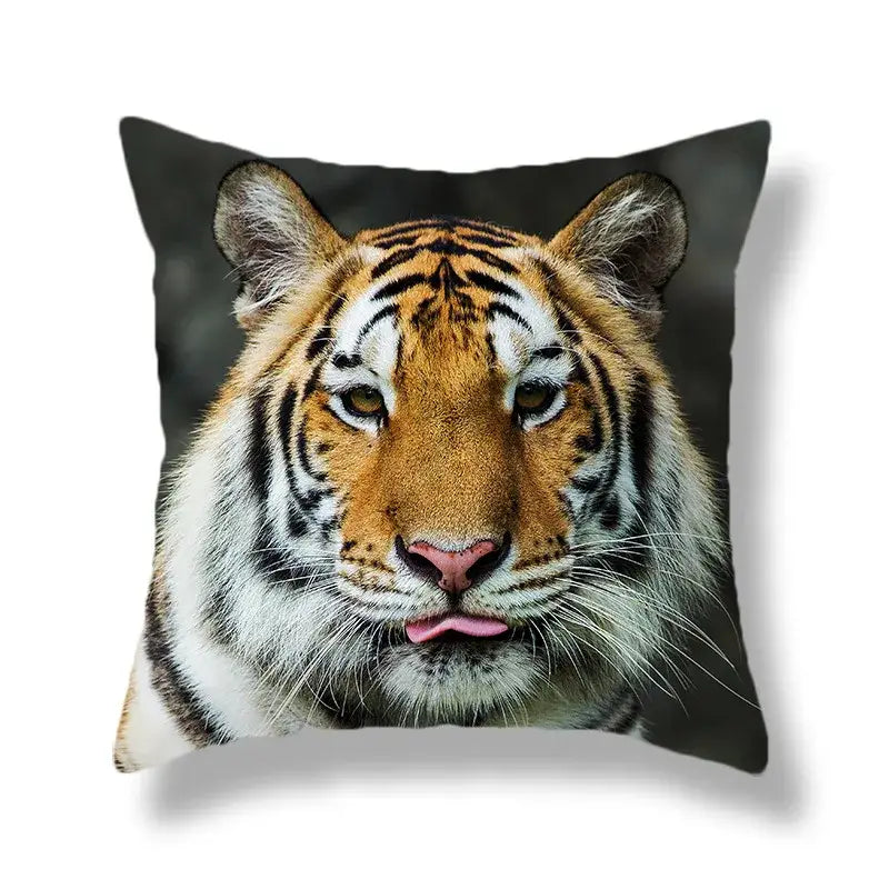 Square throw pillow with brave tiger pattern print featuring detailed orange and black tiger stripes for living room decor